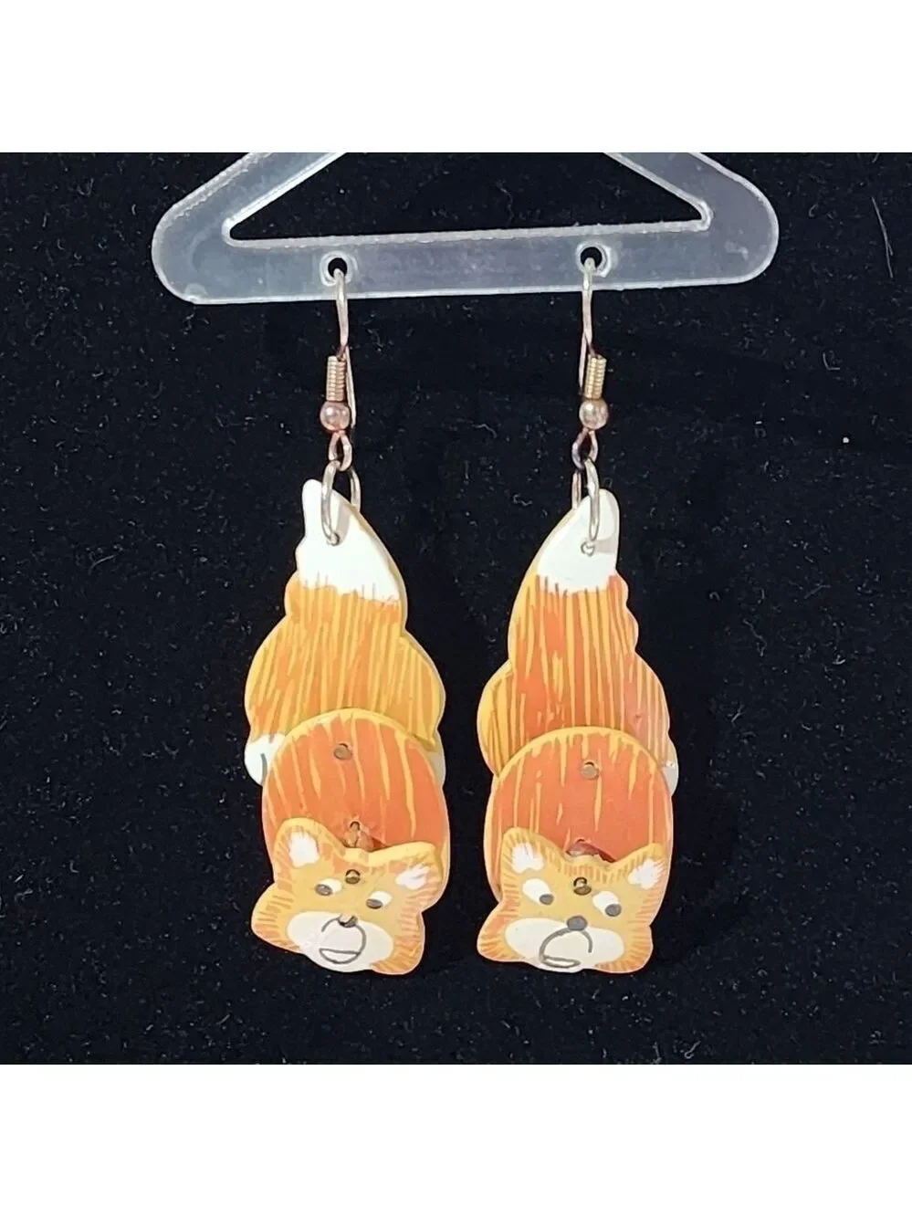 Vtg Handmade painted wood articulated dangle Cat or Fox earrings pierced